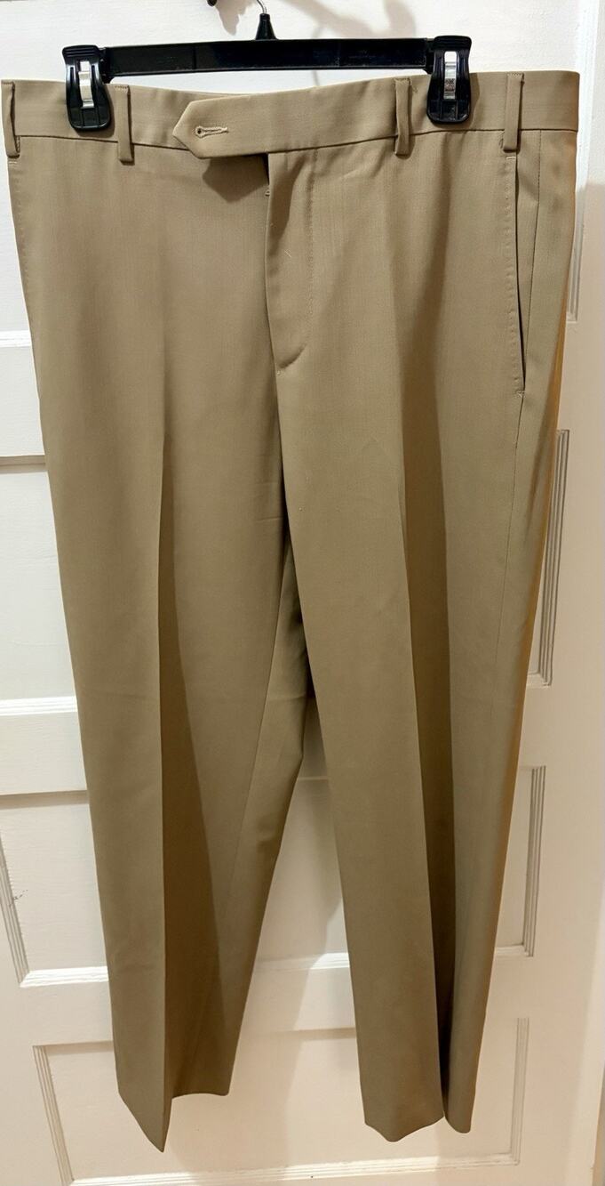 D24 Zanella Devon Mens Tan Wool Dress Pants Flat Front Made in Italy Size 33x30